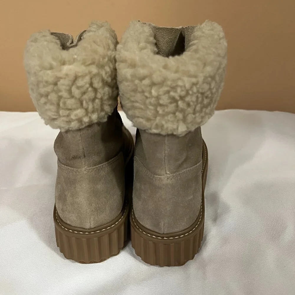 ASTER Dorit Boots Platform Suede Taupe Faux Alpaca Cream Lug Sole Women's 6 NWB